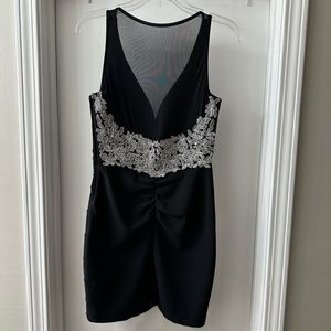 Black Bodycon V-neck dress with silver back detail, Honey and Rosie Small